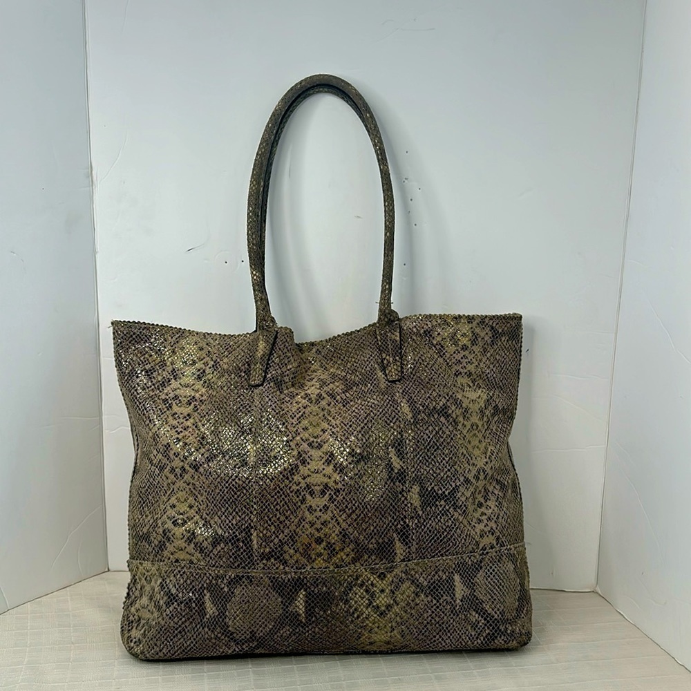 Halogen genuine leather snake embossed tote brown/light tan soft fabric lining